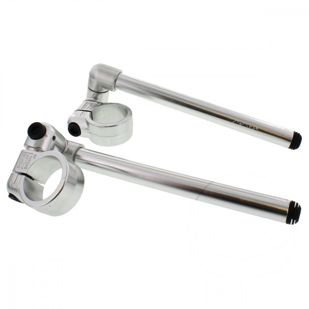 Silver anodised aluminium clip-on handlebars with a 45mm fork diameter, featuring a sleek design and adjustable clamps for easy installation.