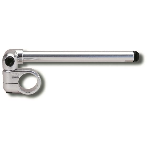 Silver anodised aluminium clip-on handlebars with a 54mm fork diameter, featuring a curved design and a black rubber end cap for grip.