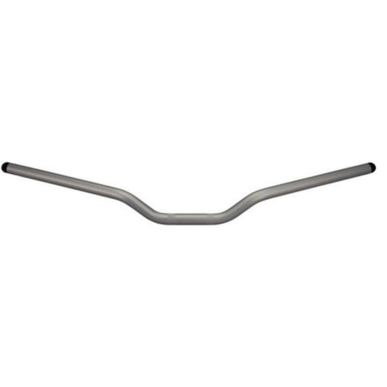 Silver low bend handlebars made of avional material, featuring a sleek design with a slight curve and black rubber grips at the ends.