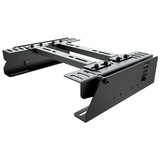 Black metal universal seat brackets with adjustable mounting points, designed for reclining seats, featuring a sturdy construction for enhanced stability and support.