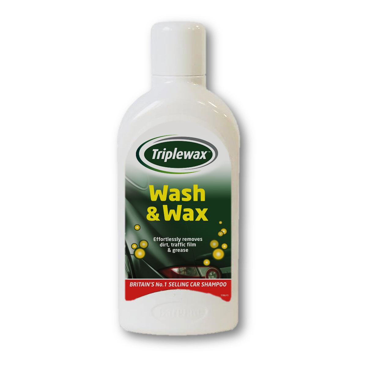 White plastic bottle of Tetrosyl TripleWax Car Shampoo, 1L, featuring a green label with "Wash & Wax" text, and bubbles graphic, emphasizing its cleaning and waxing properties.