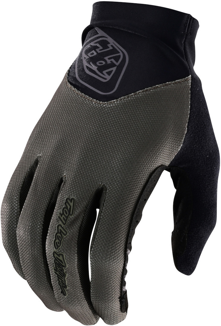Troy Lee Designs Ace 2.0 gloves in military green and black, featuring a textured grip, flexible textile material, and a logo on the wrist for enhanced performance and style.