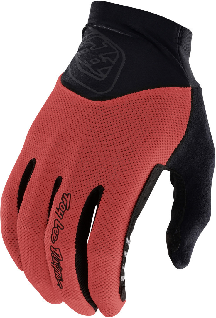 Troy Lee Designs ACE 2.0 motocross gloves in small size, featuring a dark mineral red palm, black and orange accents, and a breathable, flexible material for enhanced grip and comfort.