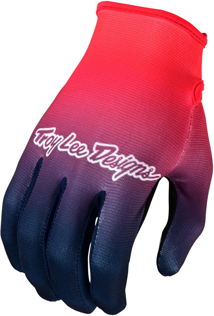 Red and navy gradient textile glove with a snug fit, featuring the "Troy Lee Designs" logo prominently displayed in white on the back.