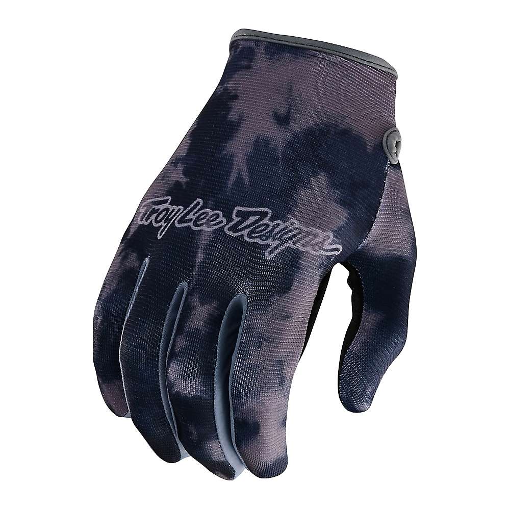 Red and navy textile gloves featuring a tie-dye pattern, with a snug fit and the "Troy Lee Designs" logo prominently displayed on the back.