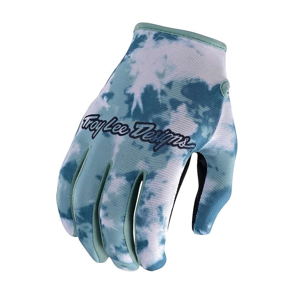 Light blue and white tie-dye motocross gloves featuring the "Troy Lee Designs" logo, made from breathable material with a snug fit for racing and biking.
