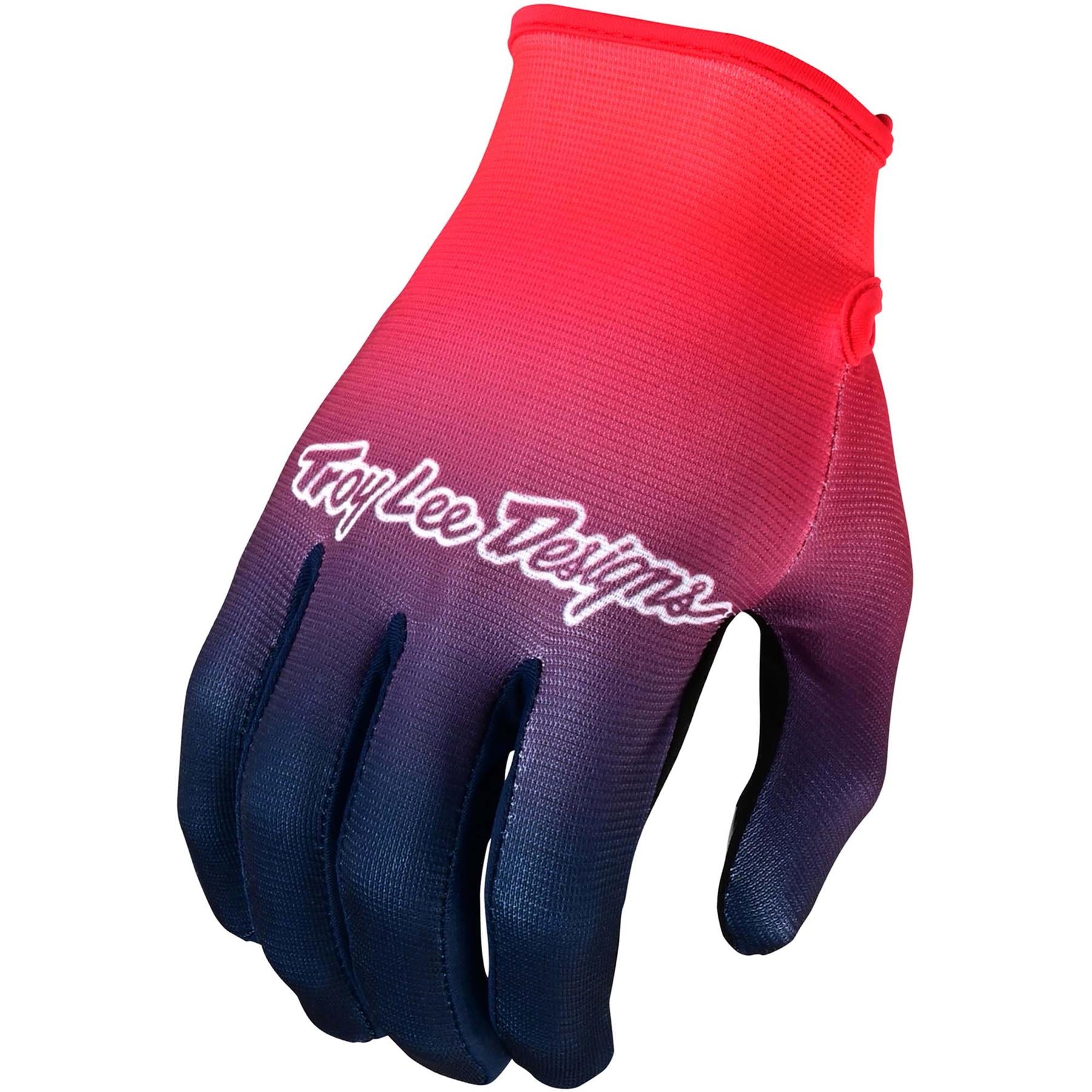 Troy Lee Designs Flowline gloves in a gradient of red to navy, featuring a snug fit, breathable textile material, and white logo on the backhand.