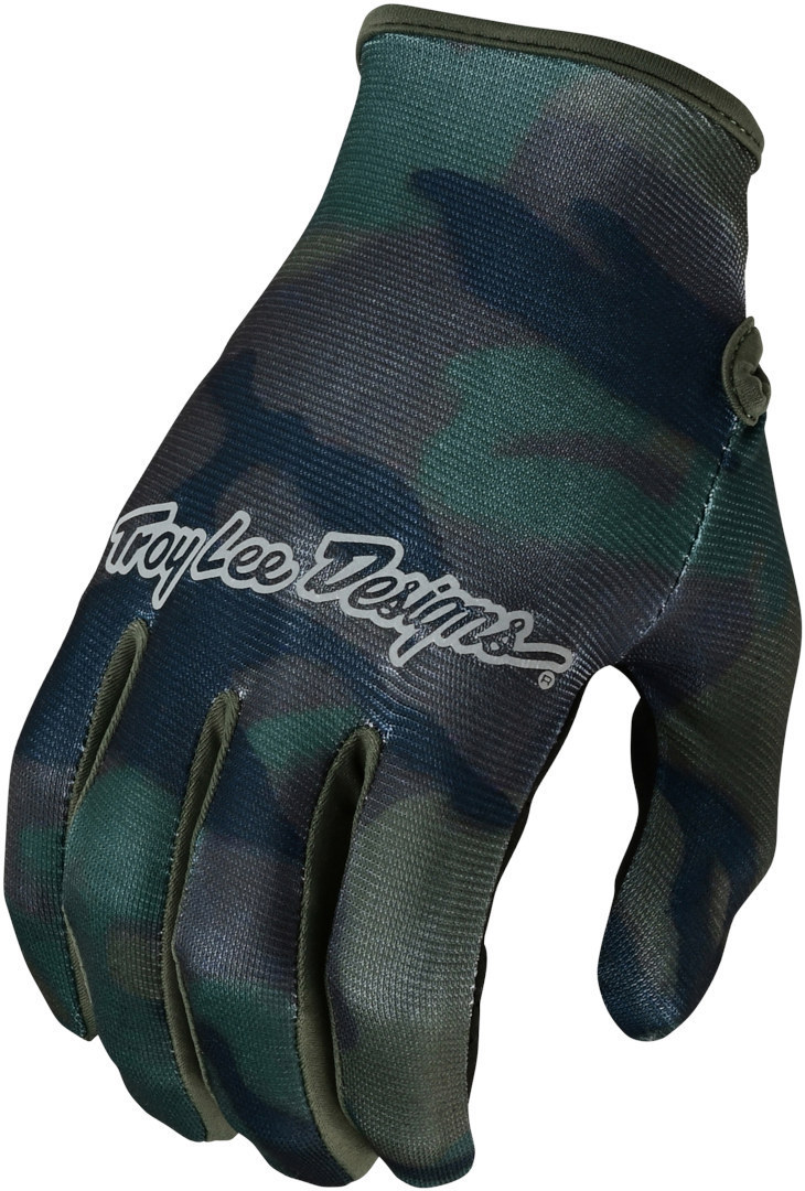Brushed camo army textile gloves in shades of green and navy, featuring a snug fit and the Troy Lee Designs logo prominently displayed on the wrist.