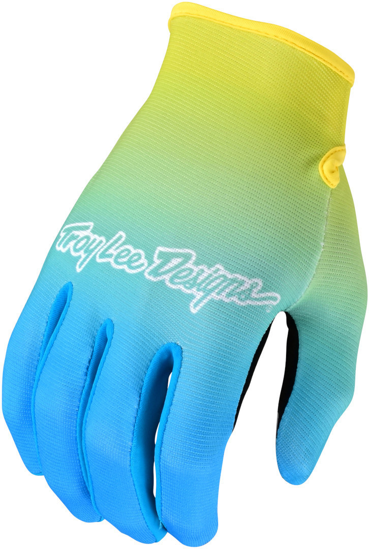 Troy Lee Designs Flowline motocross gloves in small size, featuring a gradient design from blue to yellow, with a white logo and breathable material for enhanced grip.