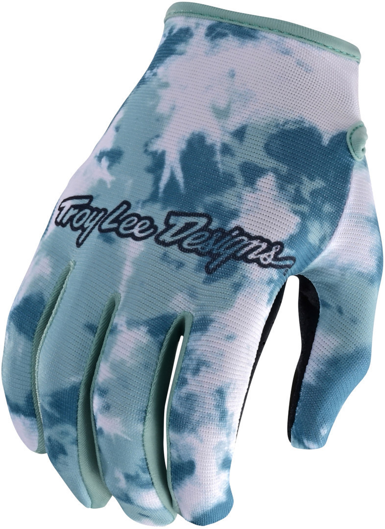 Blue and white tie-dye textile glove featuring the "Troy Lee Designs" logo, designed for comfort and grip, with a snug fit and breathable material.