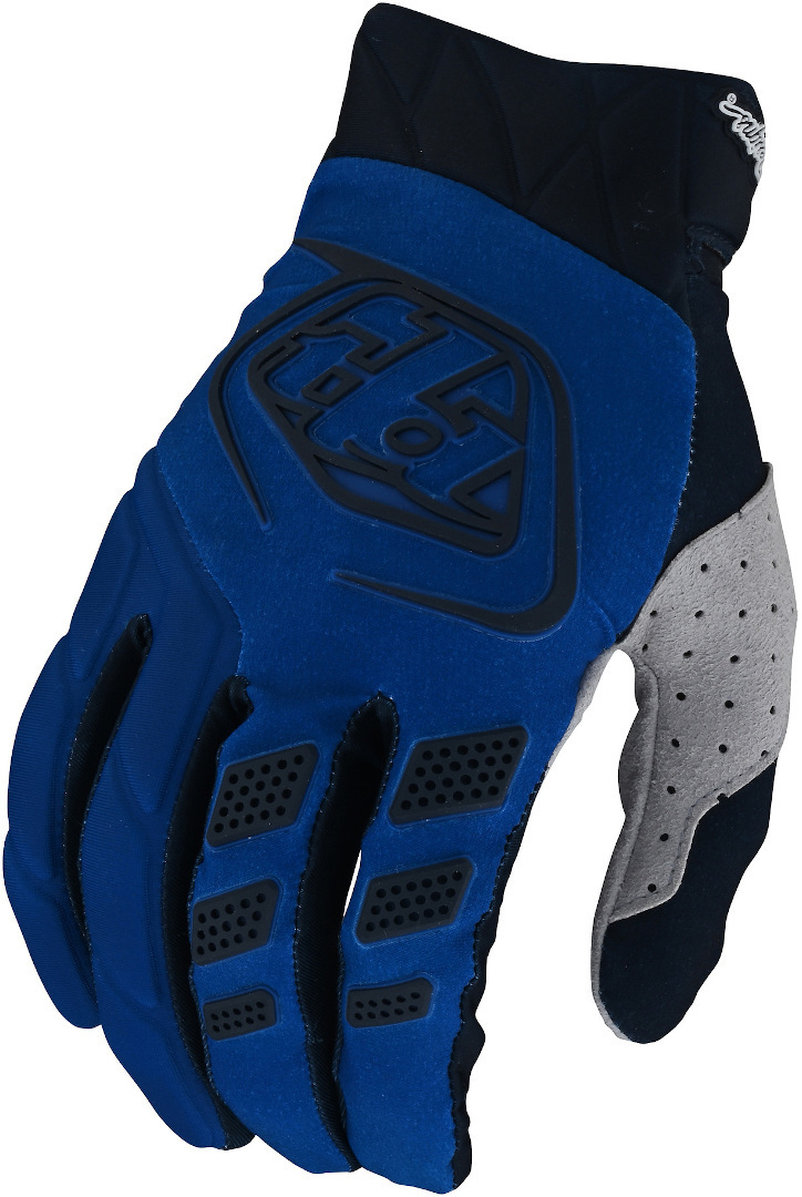 Troy Lee Designs Revox motocross gloves in medium size feature a blue and black design with padded knuckles, silicone grip, and breathable material for enhanced performance.