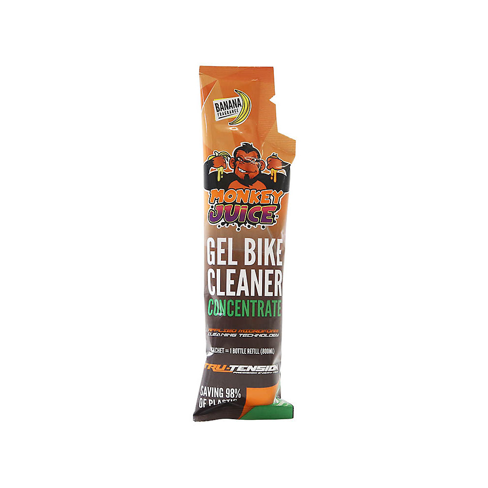 Tru-Tension Monkey Juice Gel Bike Cleaner in a 100ml tube, featuring a vibrant orange and black design with a monkey graphic and green "Concentrate" label.
