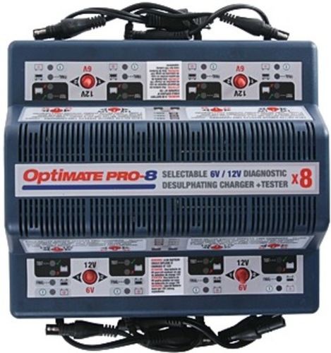 TecMate Optimate Pro 8 battery charger in blue and gray, featuring eight charging ports, diagnostic indicators, and labeled controls for 6V and 12V battery types.