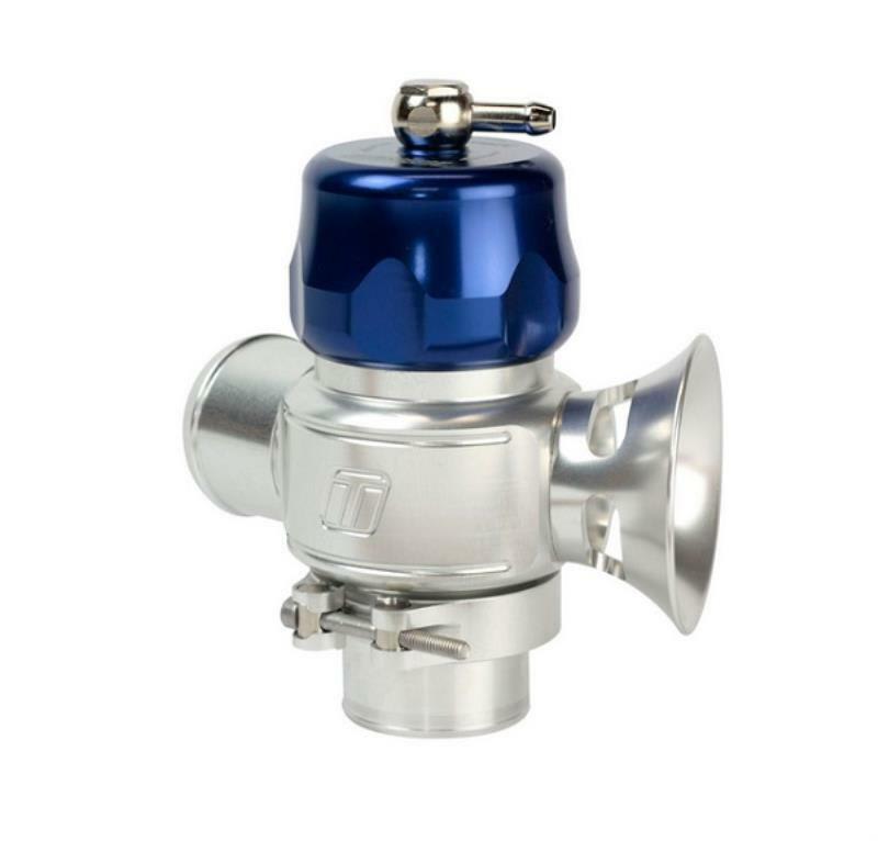 A silver aluminum blow-off valve with a blue anodized top and dual ports, featuring a polished finish and a small venting nozzle.