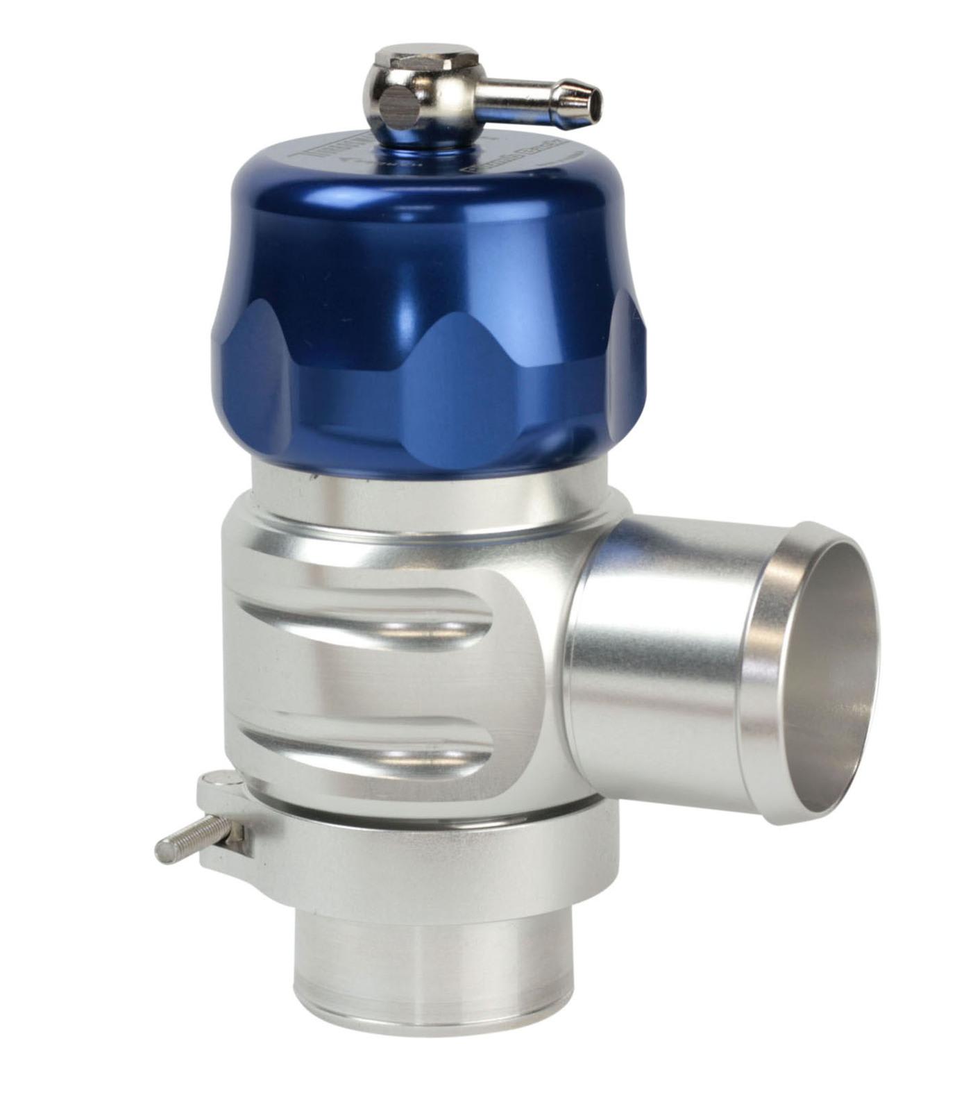 BOV Plumb Back Uni 32mm in blue and silver, featuring a blue anodized top, aluminum body, and a polished outlet, designed for performance vehicles.