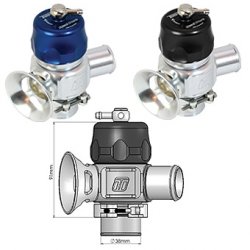 Turbosmart TS-0205-1072 38MM Dual Port Blow Off Valve in silver with black and blue accents, featuring a polished finish and a 4-in-1 design for enhanced performance.