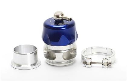 Turbosmart Vee Port Pro BOV in blue, featuring a metallic body with a shiny silver base, includes a clamp and a connecting flange for installation.