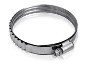 Stainless steel turbo seal tension clamp by Turbosmart, featuring a shiny metallic finish, adjustable design, and a textured band for secure grip, suitable for 1.375 to 1.875-inch applications.