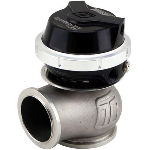 Turbosmart GenV CompGate45 wastegate in black and silver, featuring a robust metal body with a polished finish and a prominent adjustable cap, designed for 14PSI boost pressure.