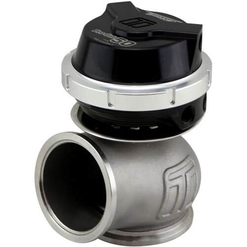 Black and silver Turbosmart wastegate featuring a compact design, metal construction, and adjustable boost control, with a distinctive logo on the top.