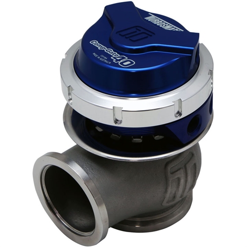Turbosmart GenV CompGate40 wastegate in blue with a silver base, featuring a compact design and a 14PSI boost pressure rating, made from durable materials.