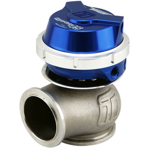 Blue aluminum Turbosmart GenV CompGate45 wastegate with a polished silver flange, designed for 14PSI boost pressure, featuring a compact, durable construction.