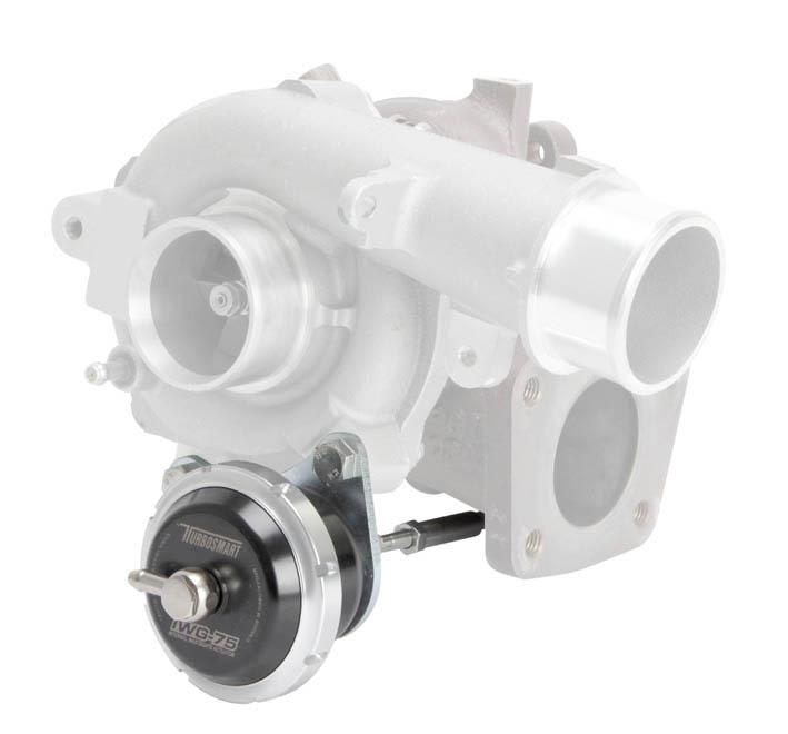 Black Turbosmart IWG75 wastegate actuator with a silver mounting bracket, designed for Mazda MPS, featuring a 24PSI pressure rating and marked with the Turbosmart logo.