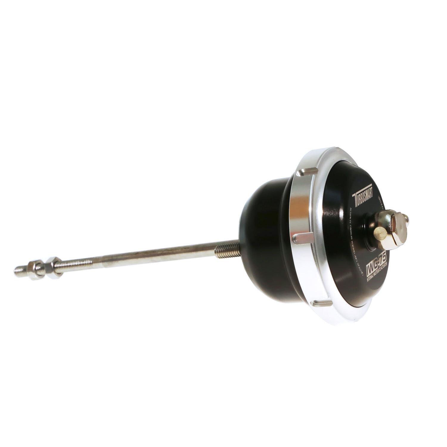 Black and silver turbo wastegate actuator featuring a cylindrical body, a polished metal cap, and a long adjustment rod, designed for Ford Focus ST/XR5 2.5L Turbo applications.