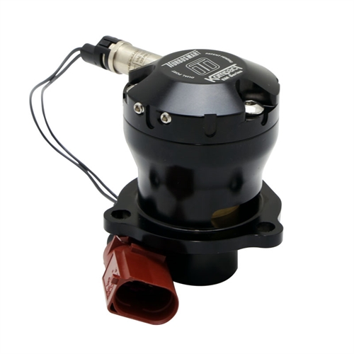 Black aluminum dual port recirculating valve with a sleek design, featuring a Turbosmart logo, electrical connector, and a compact build for easy installation.