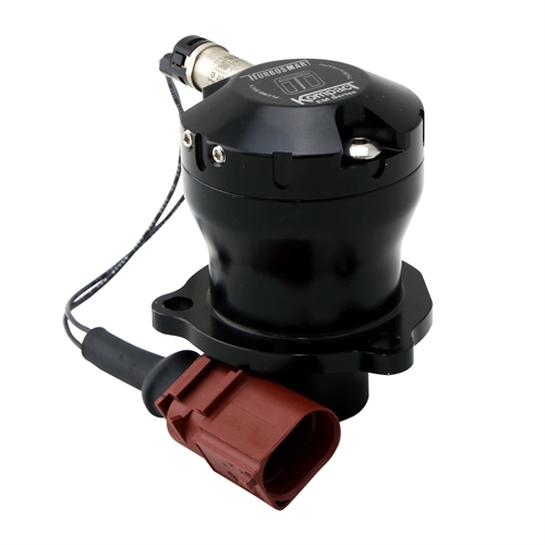 Black aluminum blow-off valve by Turbosmart, featuring a recirculating design, a connector, and a sleek, compact body with a logo on top.