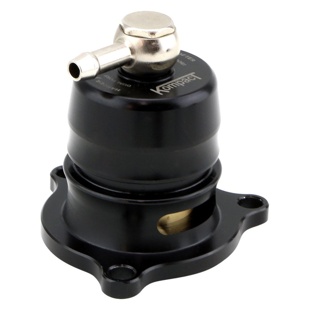 Black aluminum Kompact Blow Off Valve with a polished metal top and an angled outlet, designed for Ford Fiesta models from 2013 onwards, featuring a sleek, compact design.