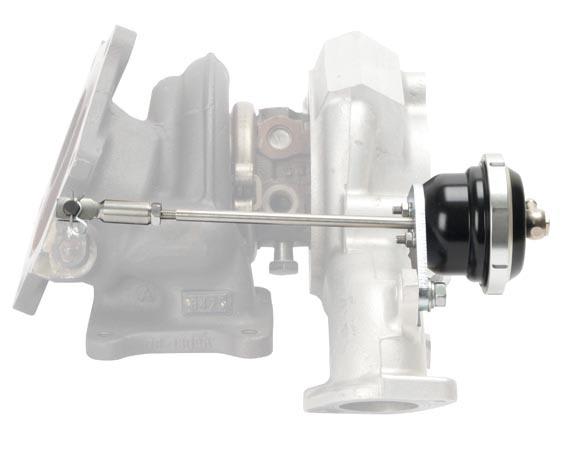 Black Turbosmart TS-0601-3242 internal wastegate actuator with a polished metal rod and mounting bracket, designed for 24Psi pressure, compatible with Lancer EVO10.