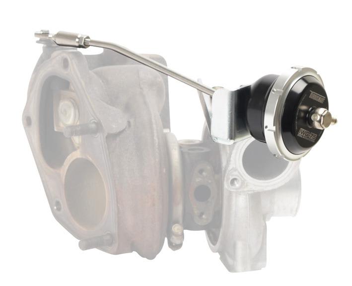 Black metal internal wastegate actuator with a silver bracket and rod, designed for 26 PSI, compatible with EVO 6-8, featuring the Turbosmart logo.