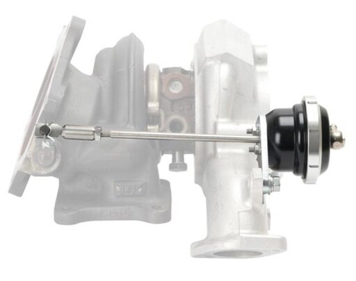 Black and silver Turbosmart TS-0601-3222 wastegate actuator with a metal bracket and arm, designed for Mitsubishi EVO 10, showcasing its durable construction and precise engineering.