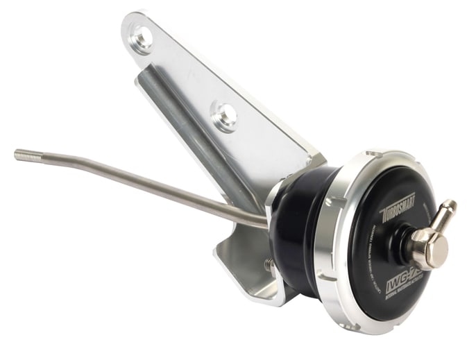 Black and silver IWG75 wastegate actuator by Turbosmart, featuring a sturdy metal bracket, a polished aluminum body, and a stainless steel arm for Mitsubishi EVO 6-8, rated at 10 PSI.