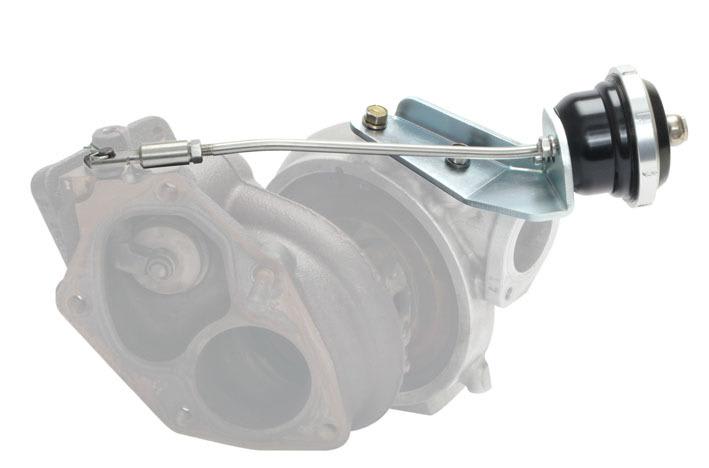 Black IWG75 wastegate actuator by Turbosmart, featuring a metal arm, silver mounting bracket, and designed for 2006 Mitsubishi Lancer Evolution with a 10 PSI boost rating.