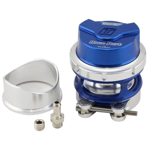 Turbosmart RacePort GenV Blow Off Valve in blue aluminum with a shiny finish, featuring a silver base and included mounting hardware.