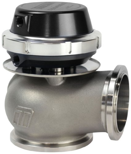 Turbosmart Gen4 HyperGate45 wastegate in black and silver, featuring a robust metal body, adjustable pressure setting up to 14PSI, and a compact design for performance applications.