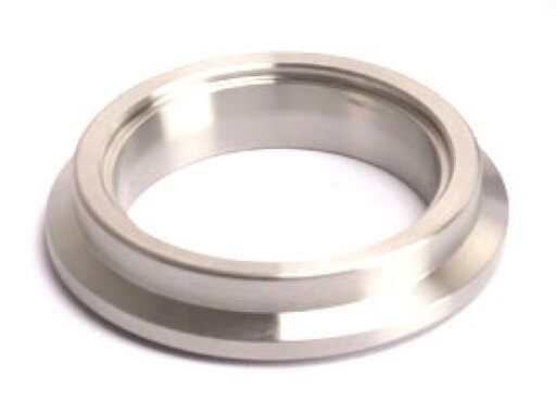 Steel inlet weld flange with a polished silver finish, featuring a smooth, circular design and a raised lip for secure attachment in turbo applications.
