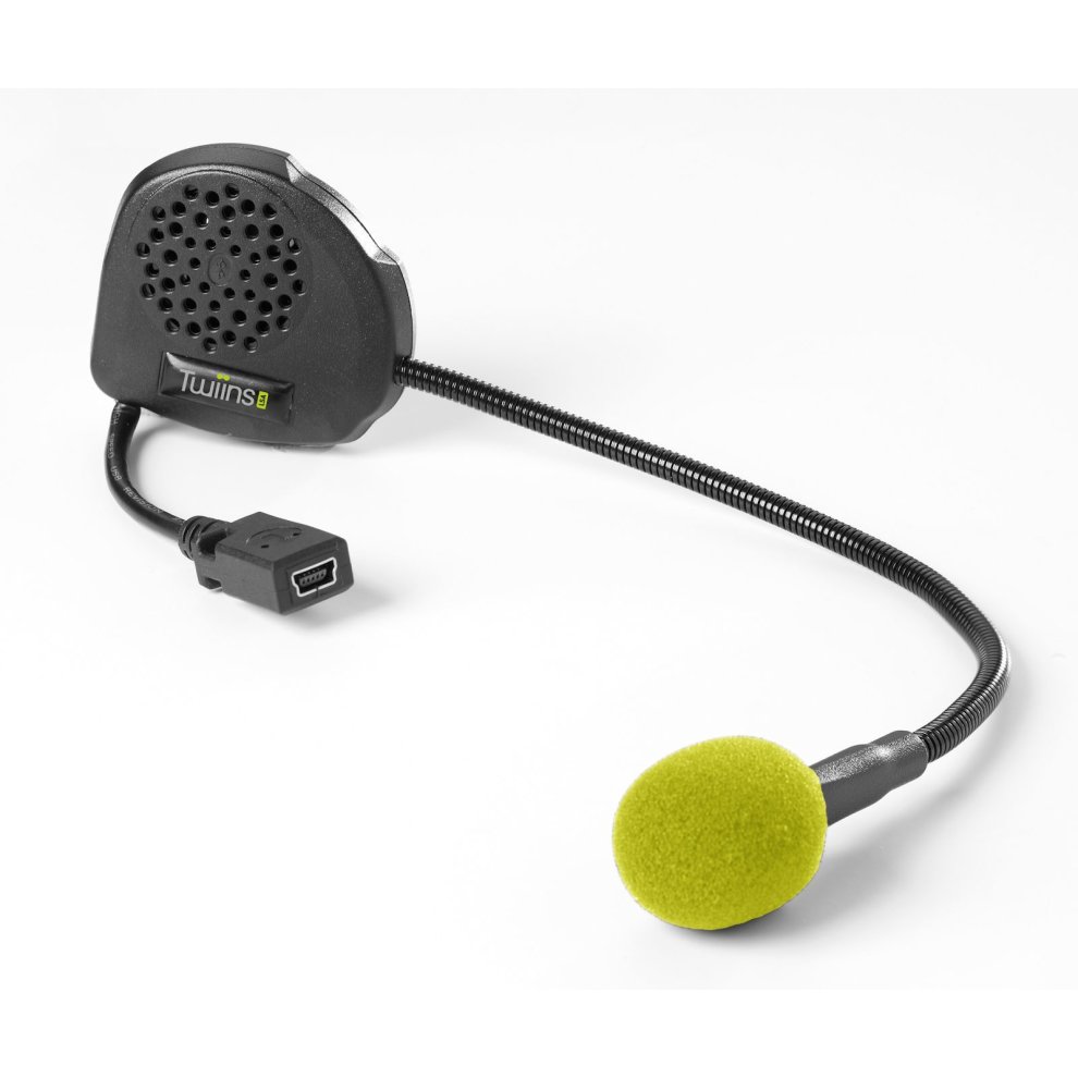 Black Bluetooth intercom system with a flexible microphone and bright green foam windscreen, designed for hands-free calls and GPS on motorcycles.