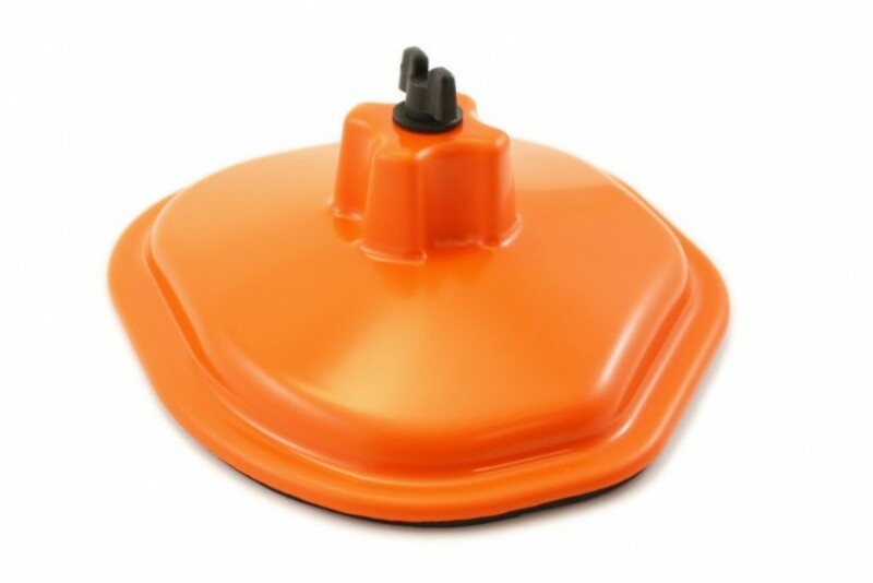 Orange plastic air box cover with a hexagonal shape, featuring two black connectors on top, designed for Suzuki RMZ250 (2019-2024) and RMZ450 (2018-2024) models.