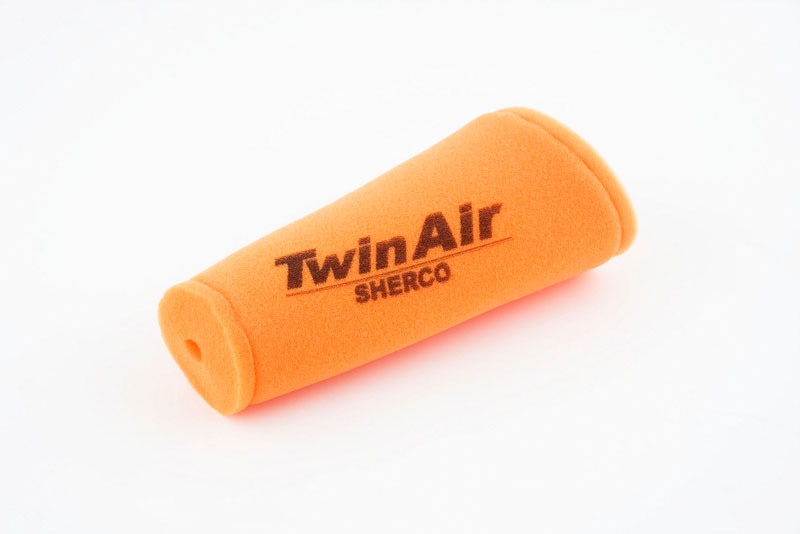 Bright orange foam air filter with a tapered shape, featuring the "TwinAir" logo and "SHERCO" text printed in black.