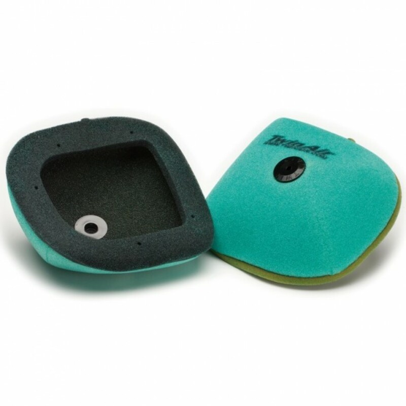 Twin Air fire-resistant air filter in teal and black, featuring a square design with a central hole, designed for Suzuki RMZ250 (2019-2024) and RMZ450 (2018-2024) models.