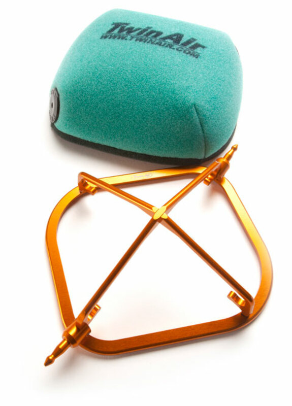 Twin Air Power Flow Kit featuring a bright teal foam air filter and an orange aluminum frame, designed for Honda CRF250R, CRF250RX, CRF450R, and CRF450RX models.