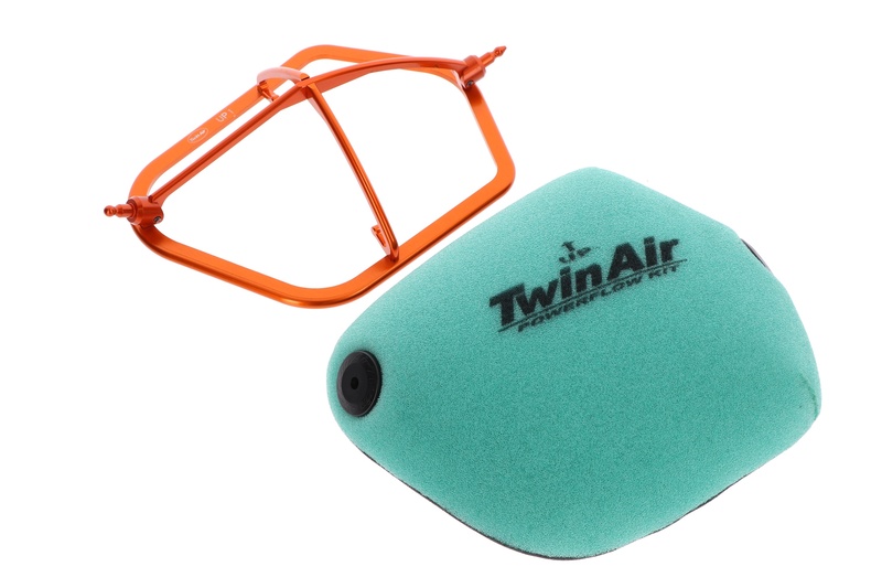 Twin Air Power Flow Kit featuring a green foam air filter and an orange plastic frame, designed for KTM, Husqvarna, and Gas Gas models from 2023-2024.