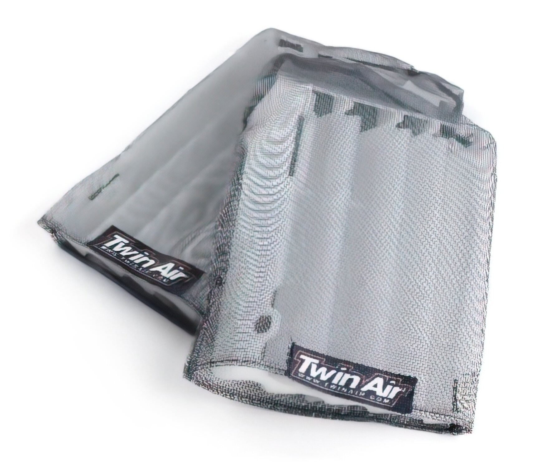 Twin Air Nylon Radiator Sleeves in gray mesh material, featuring a black logo, designed for Beta motorcycles to protect radiators from debris and damage.