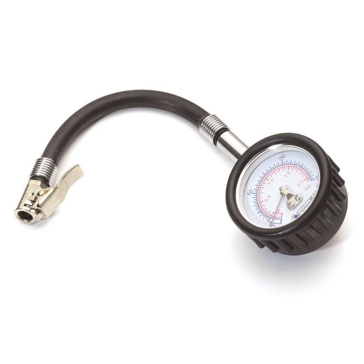 Black and silver tyre pressure gauge with a 0-30 psi dial, featuring a rubber hose and a metal connector for easy attachment to valve stems.