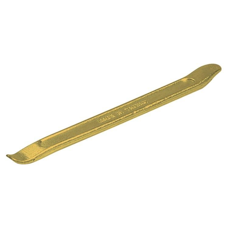 Gold-colored metal tyre lever, 8 inches long, featuring a flat end for prying and a curved end for easy tire removal, with "MADE IN ENGLAND" engraved on the side.