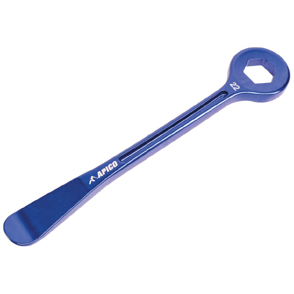 CNC machined blue aluminium tyre lever and axle wrench combination tool with a 22mm hex opening, featuring the Apico logo.