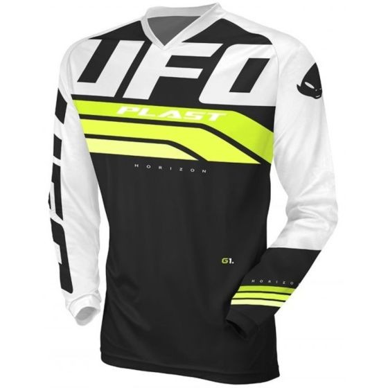 Black and green long-sleeve jersey featuring bold "UFO" branding, white sleeves, and neon accents, designed for motocross with a breathable material.